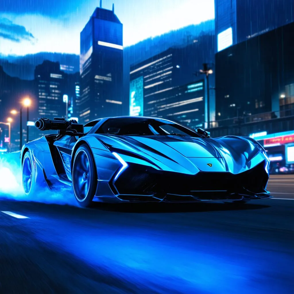 Sports car racing through a futuristic city