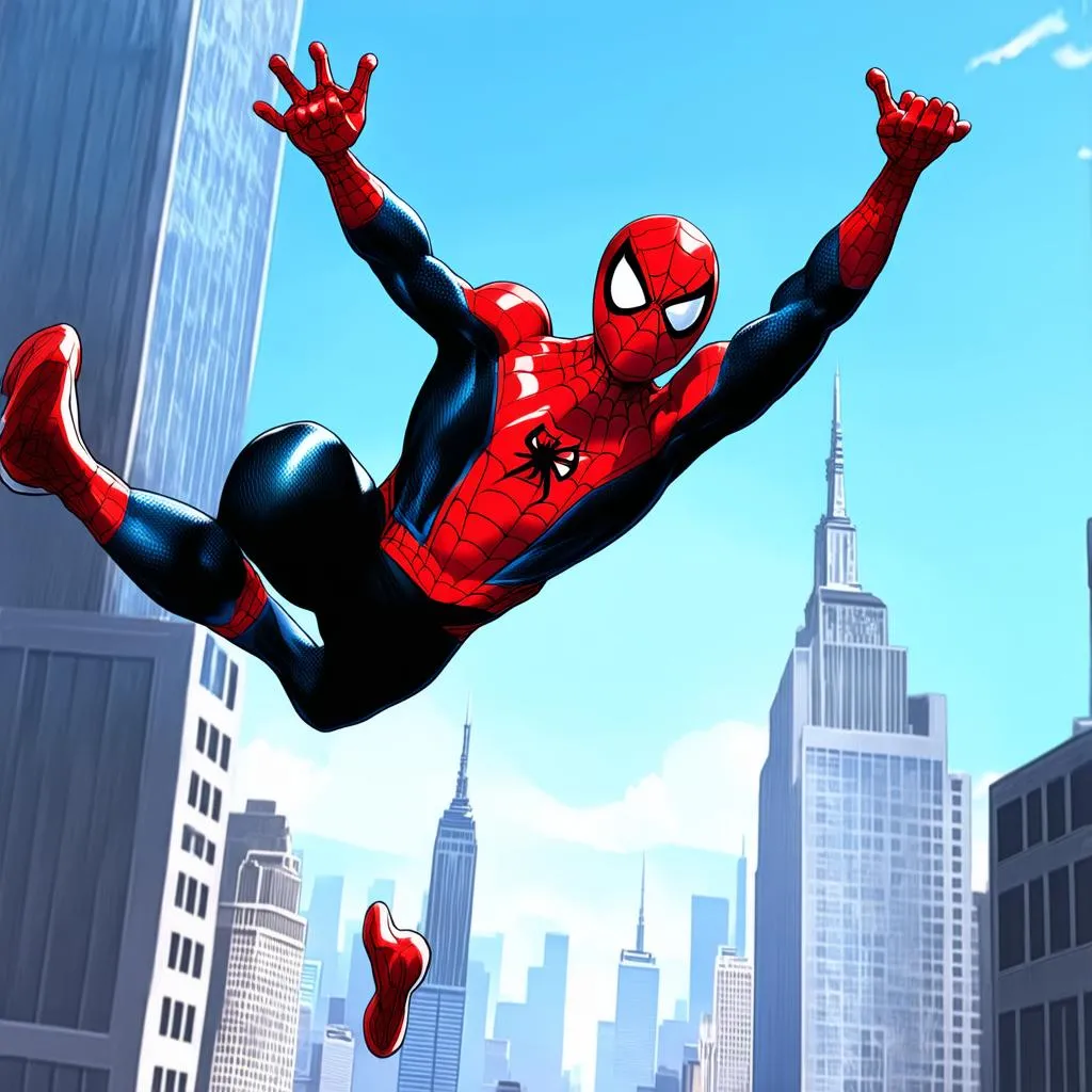 Hình ảnh Spiderman Miles Morales đang bay trên không trung New York