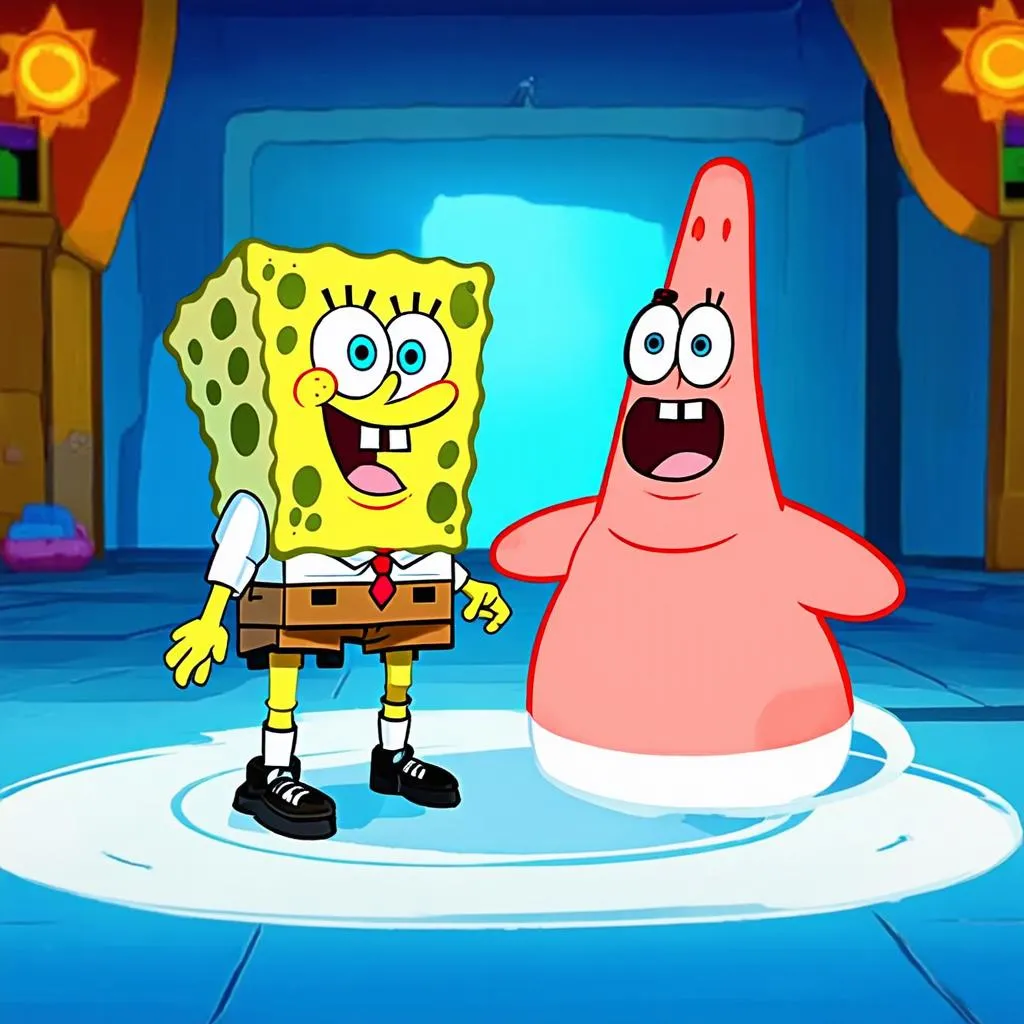 Spongebob và Patrick chơi game All Star Brawl 2