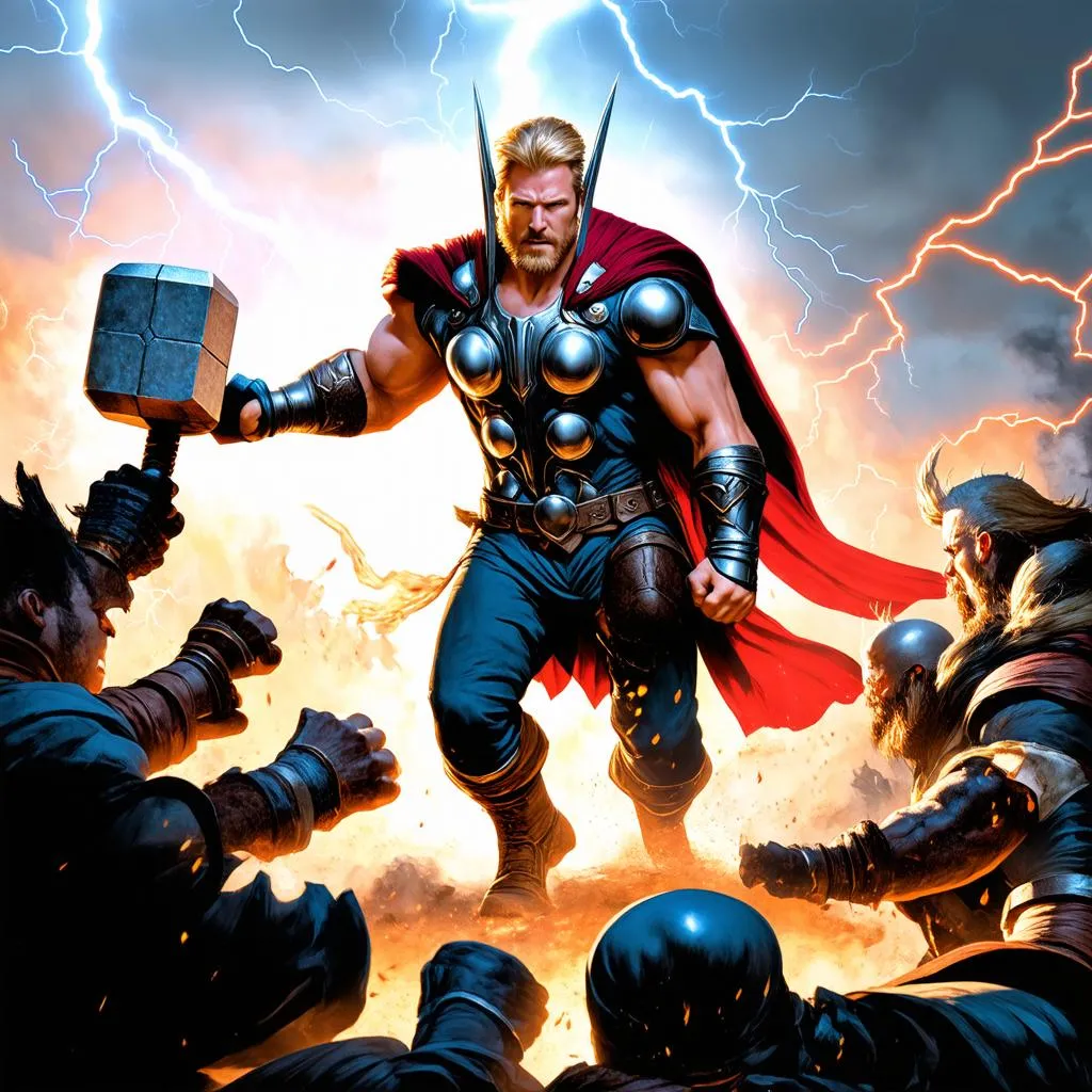 Thor sử dụng búa thần chiến đấu với kẻ thù