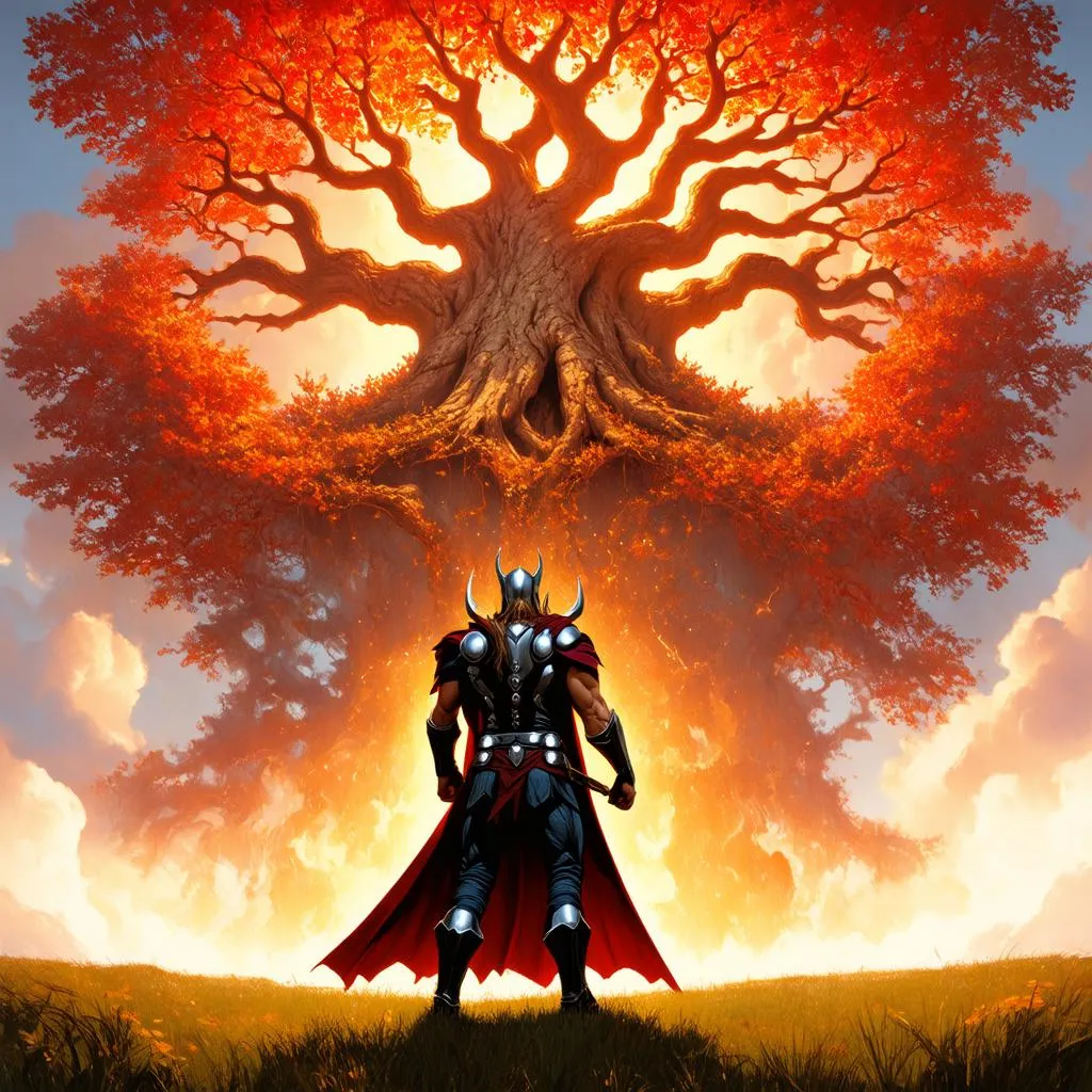 Thor đứng trước cây Yggdrasil