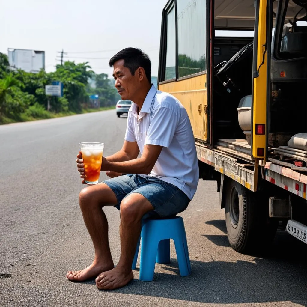 Tài xế Việt nghỉ ngơi bên ly trà đá