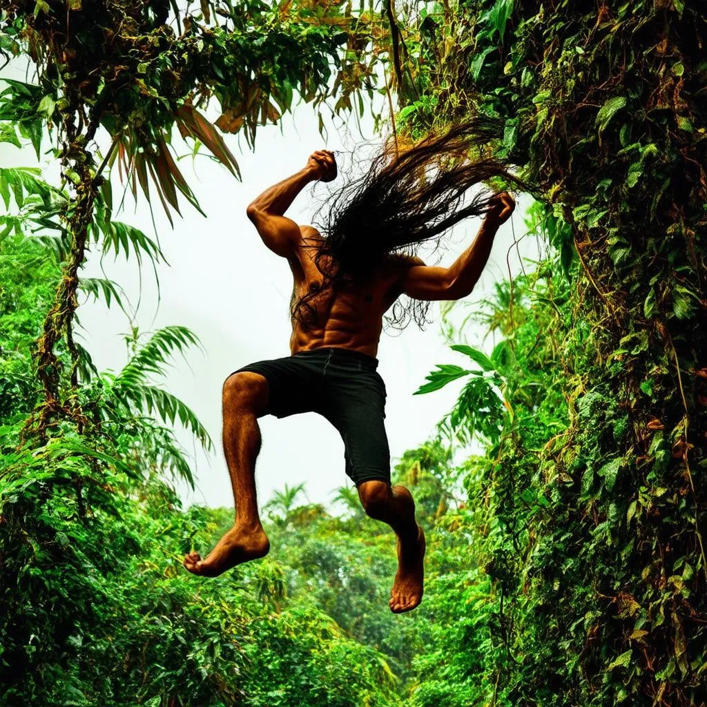 Tarzan swinging through the jungle