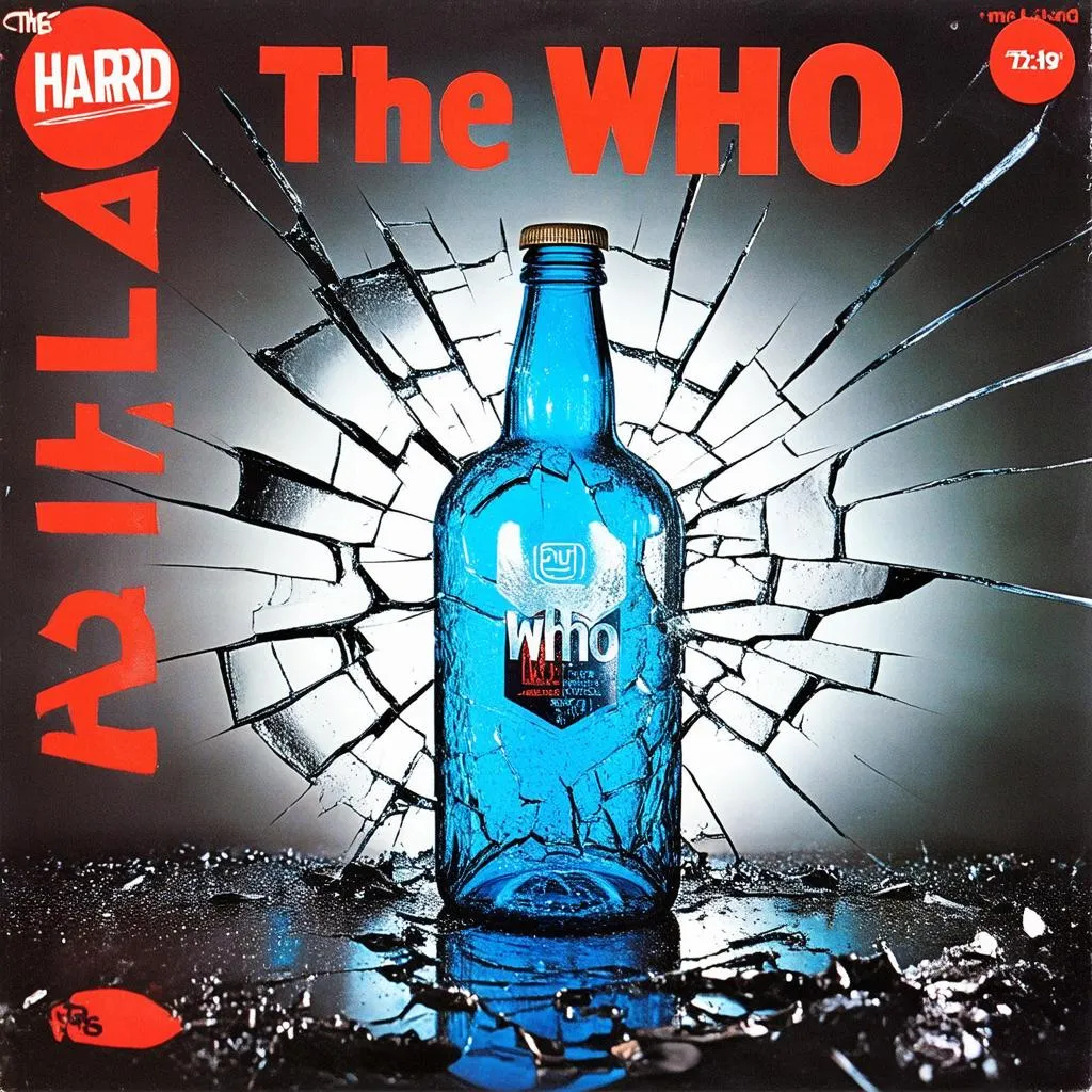 Bìa album It's Hard của The Who, nổi bật hình ảnh chai rượu vỡ