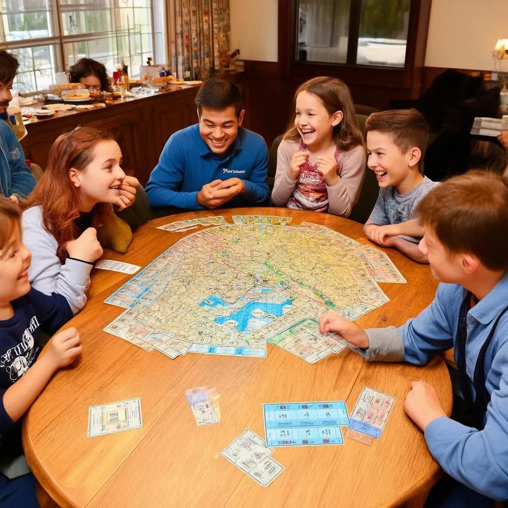 Family playing Ticket To Ride