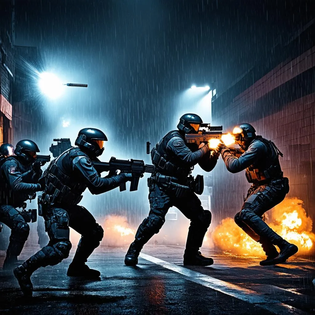 ODST squad fighting at night