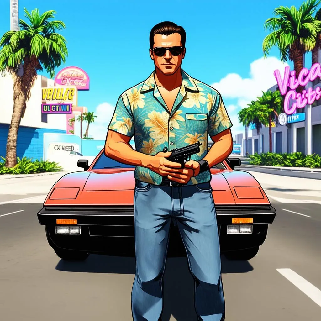 Tommy Vercetti cầm súng, phía sau là chiếc xe thể thao