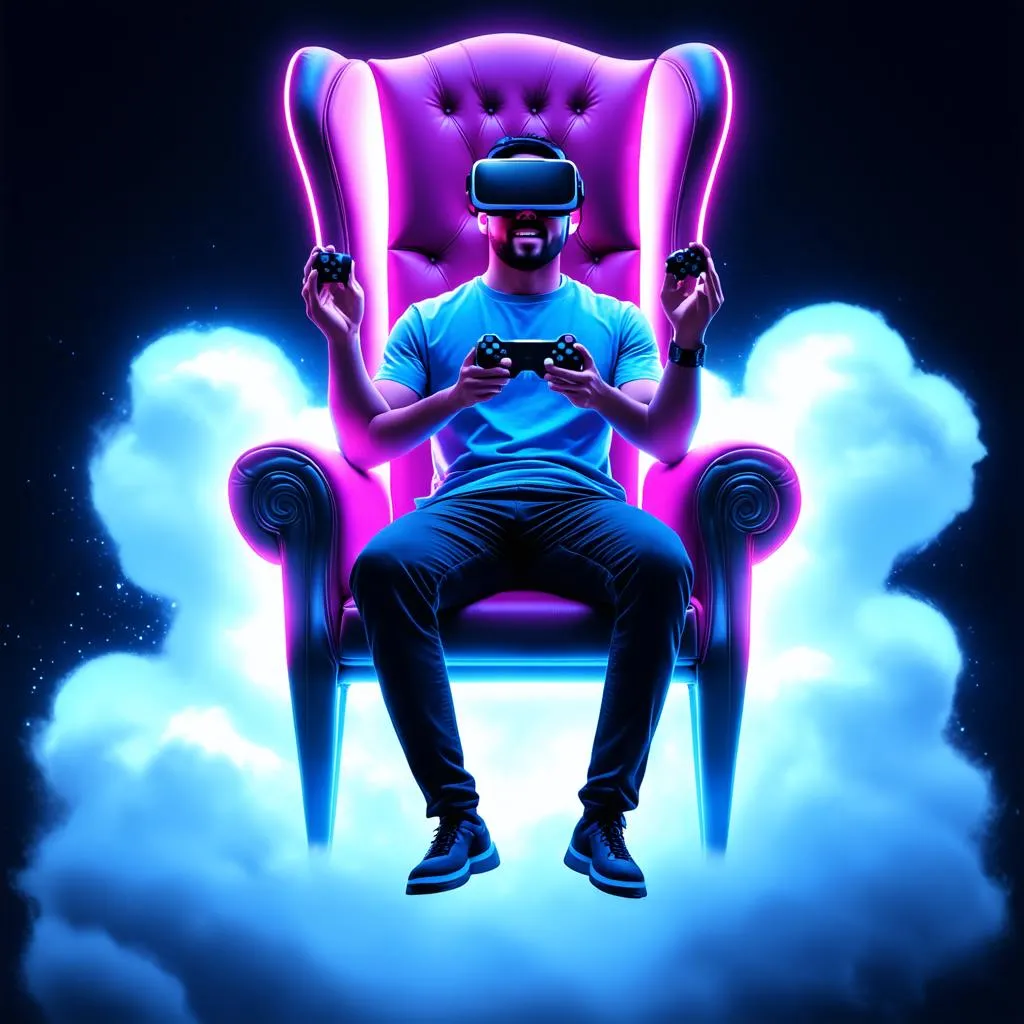 Cloud gaming concept with gamer playing video game on cloud