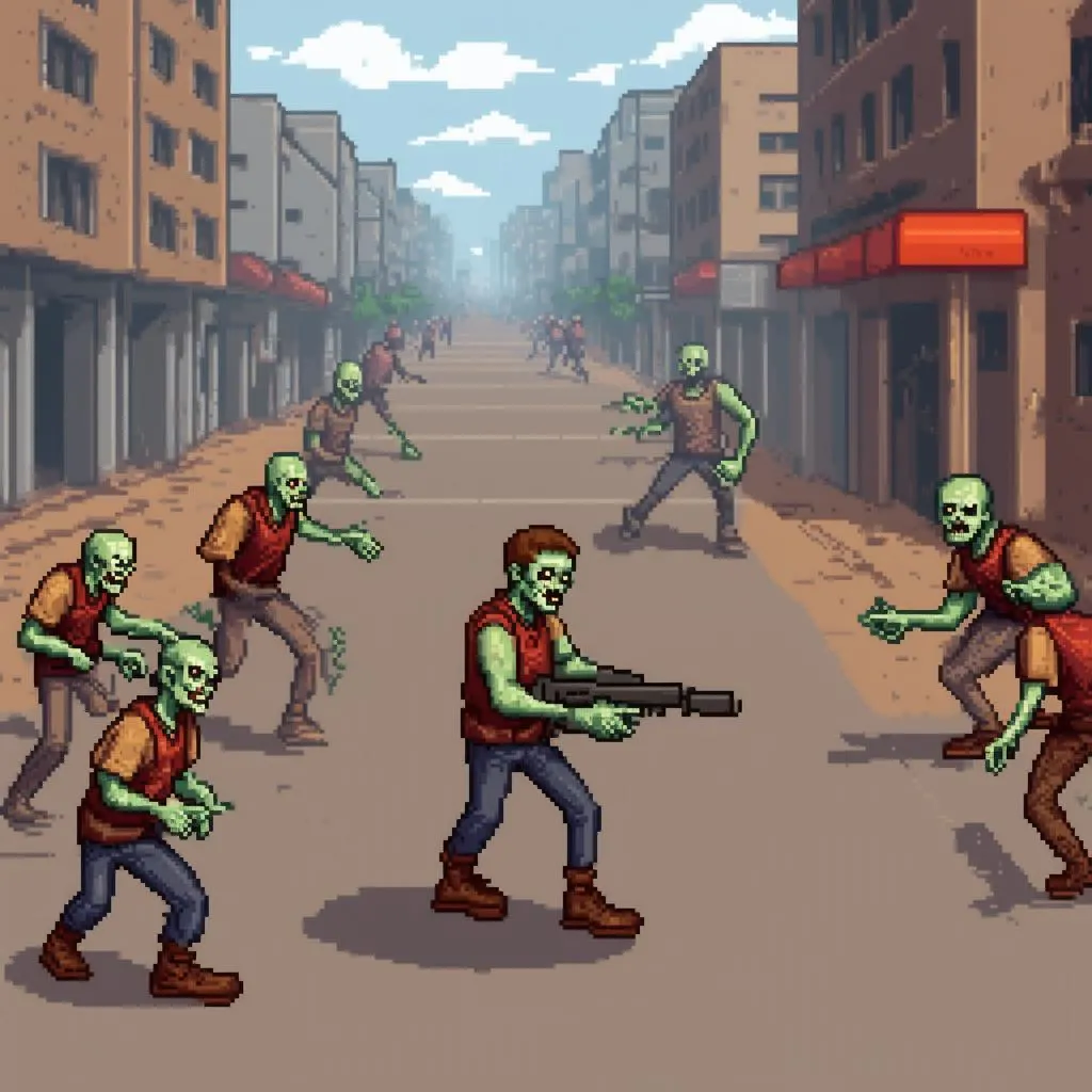 Gameplay of a 2D zombie survival game