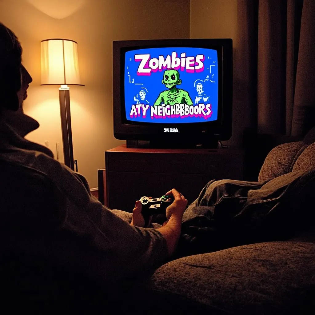 Một game thủ đang chơi Zombies Ate My Neighbors trên TV.