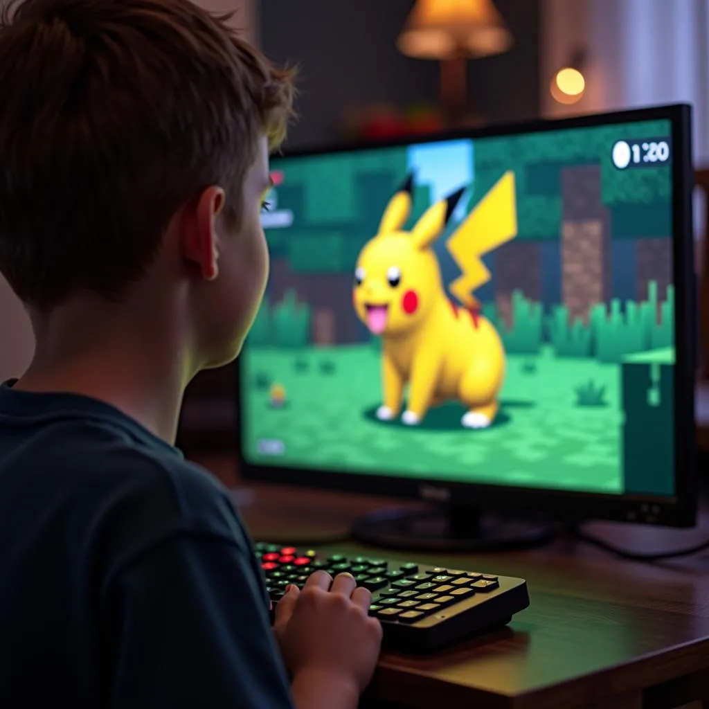 Cậu bé chơi game Minecraft Pokemon