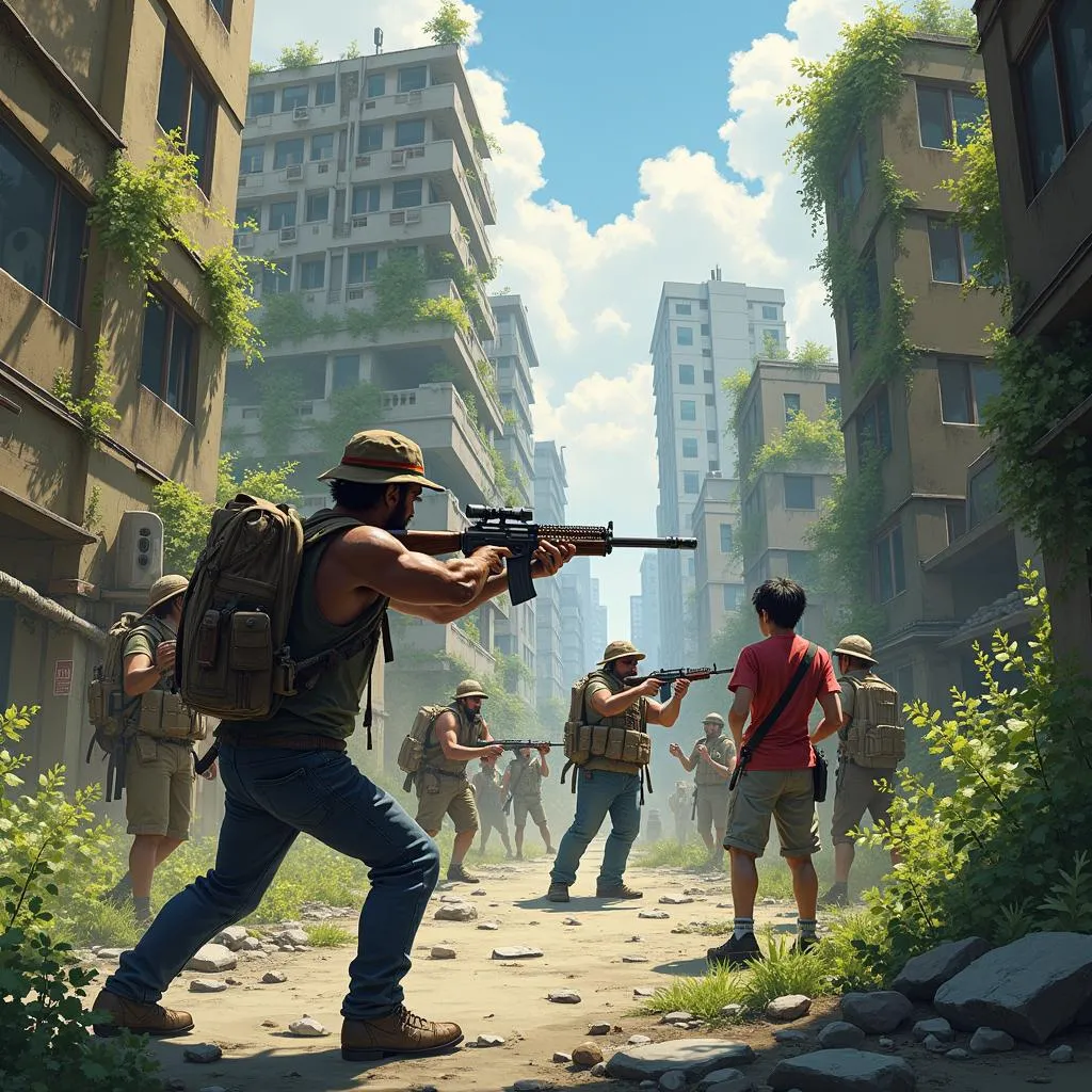 A group of people fighting in a post-apocalyptic world.