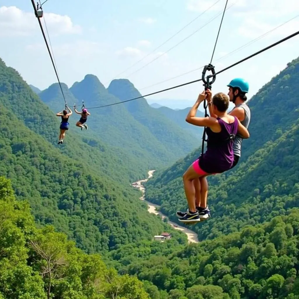 Du khách chơi zipline tại Vang Vieng