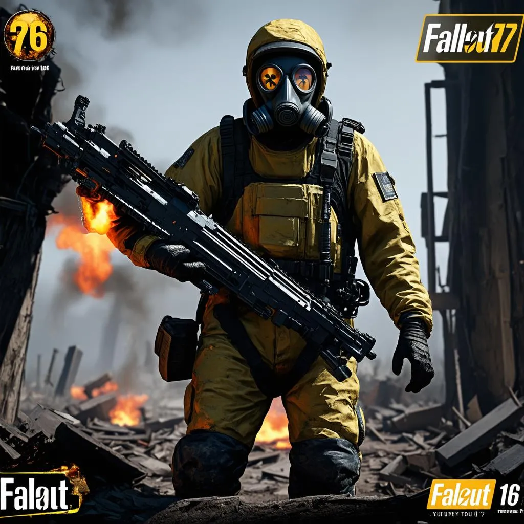 fallout 76 nhân vật với đồ bảo hộ phóng xạ