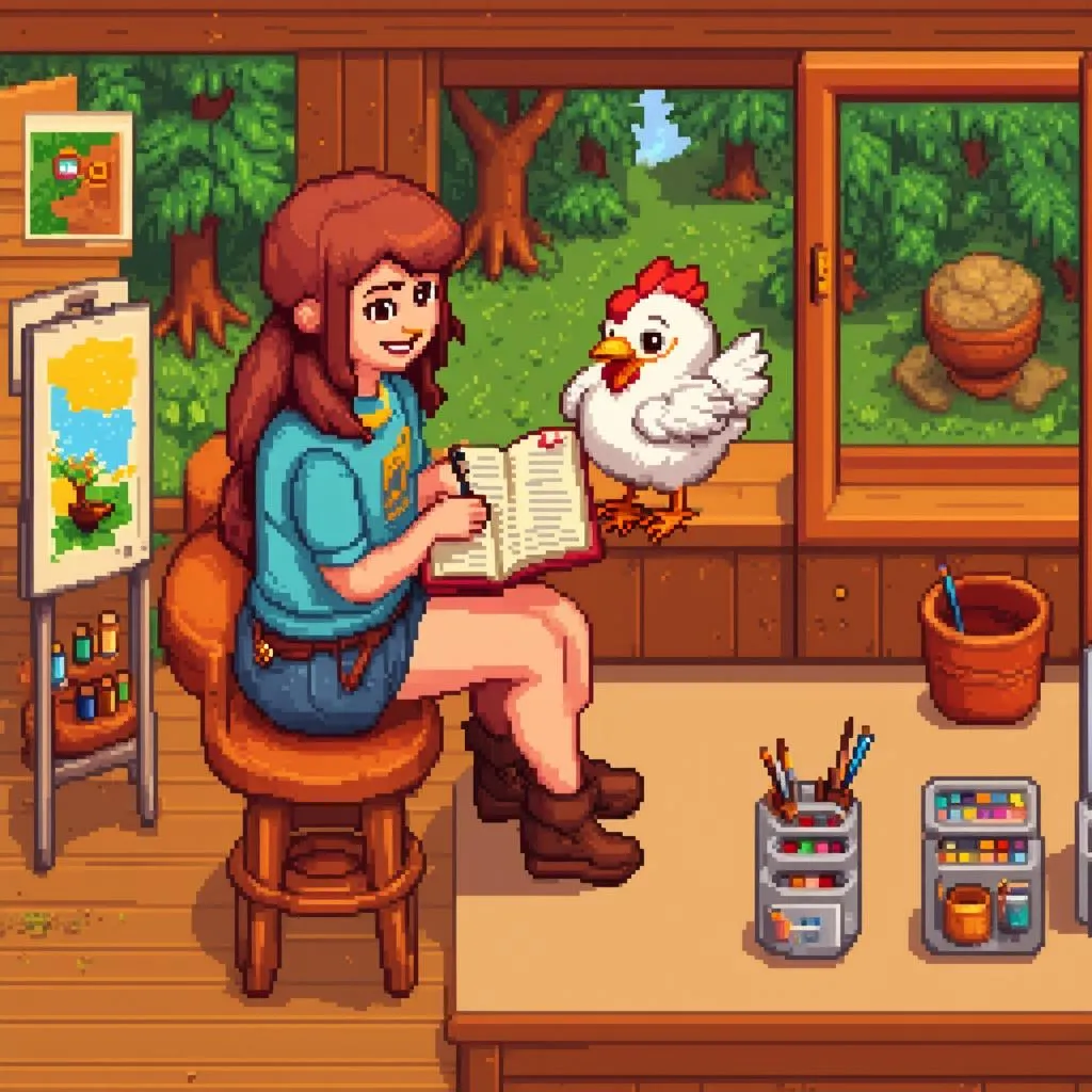 Leah và gà trong Stardew Valley