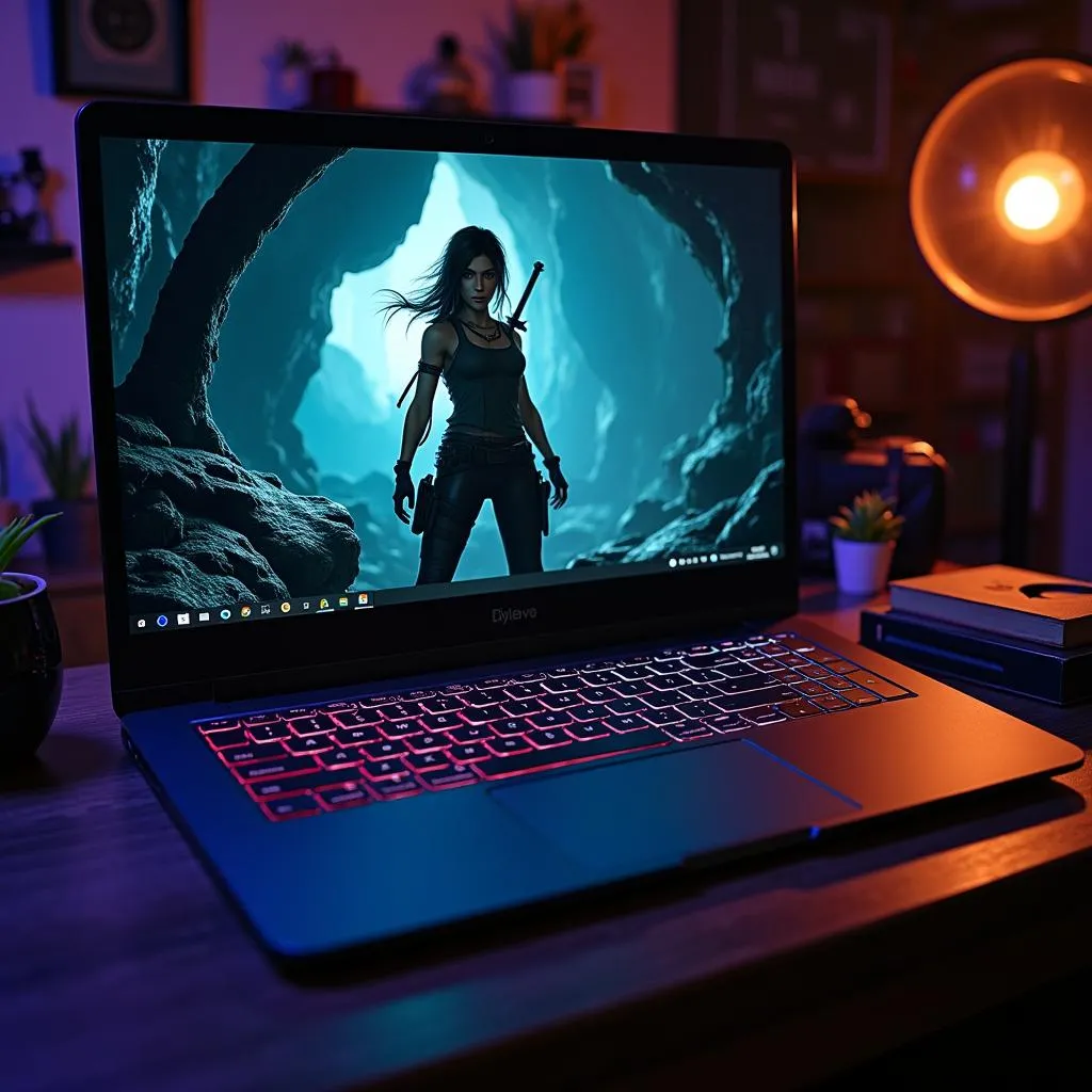 Màn hình laptop hiển thị hình ảnh Shadow of the Tomb Raider