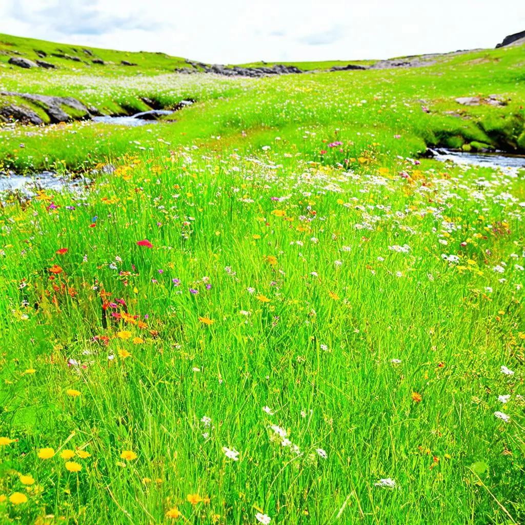 Meadow with flowers and stream