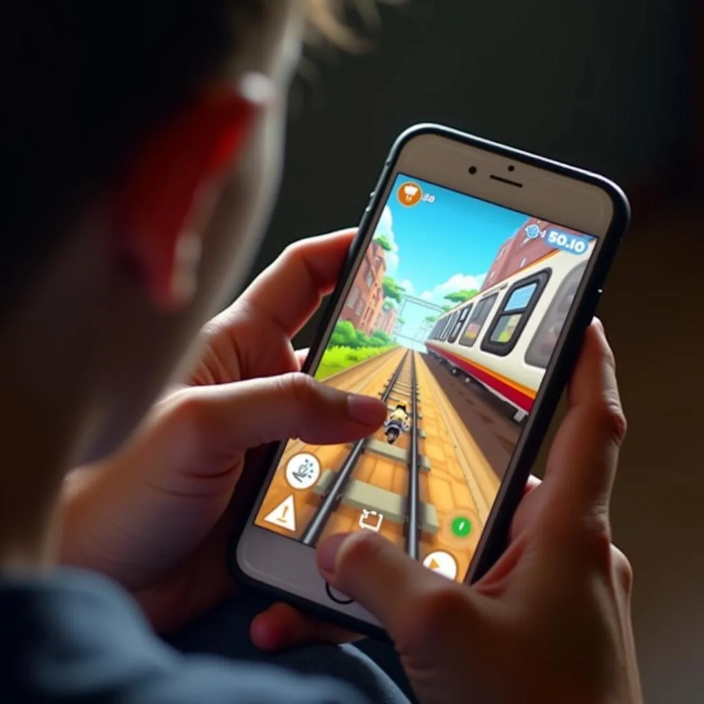 Người chơi sử dụng điện thoại chơi Subway Surfers