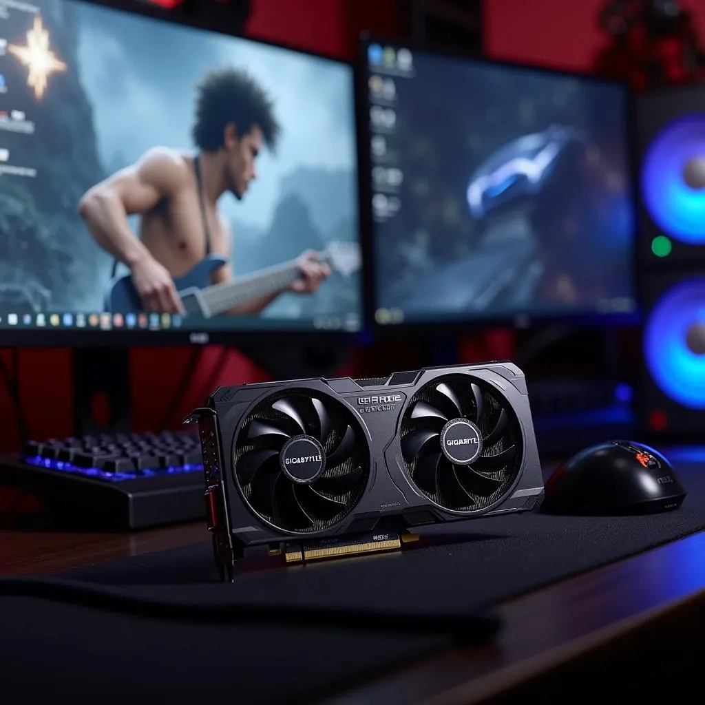 A gaming PC setup featuring a Gigabyte GeForce GTX 1070 G1 Gaming graphics card.