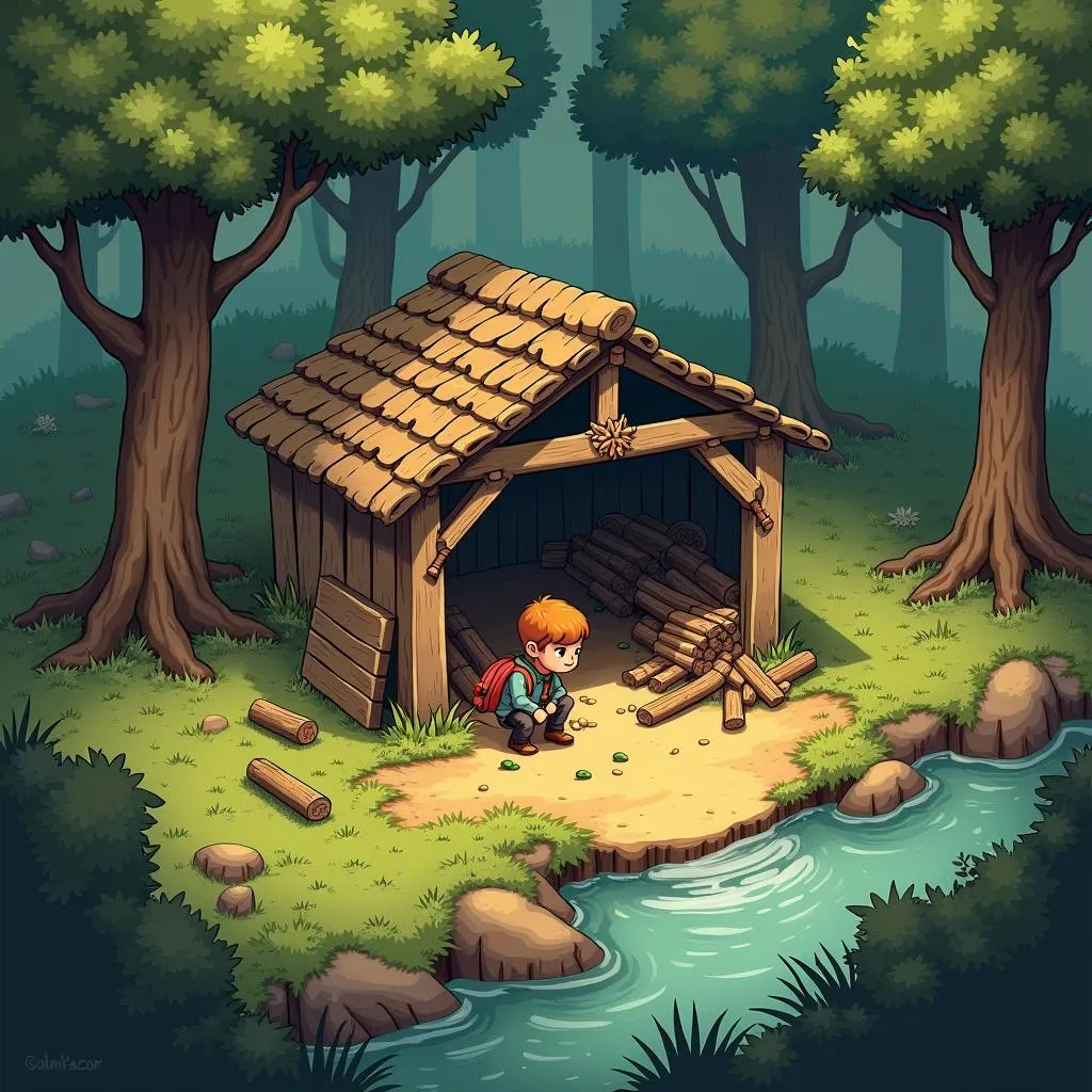 A player in a 3D Survival game building a shelter.