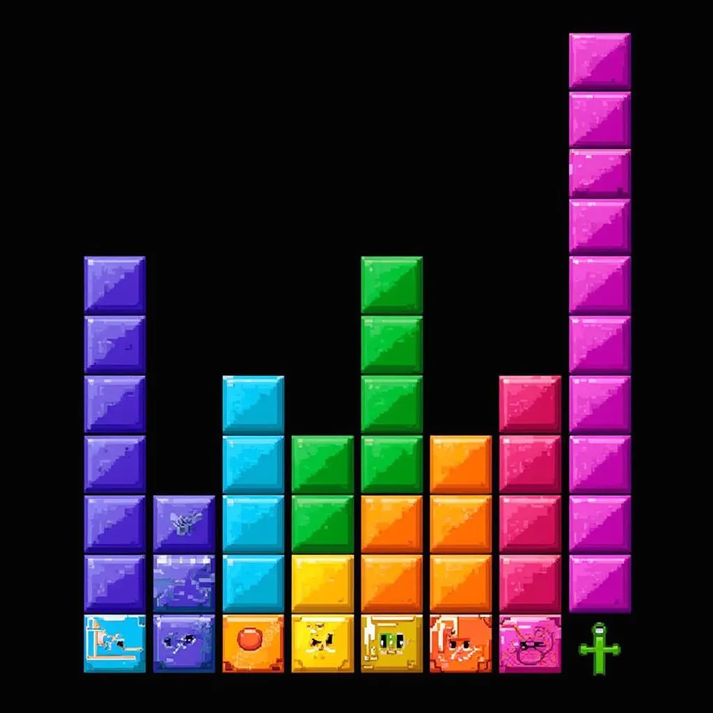 Màn hình chơi game Tetris cổ điển với các khối gạch nhiều màu sắc.