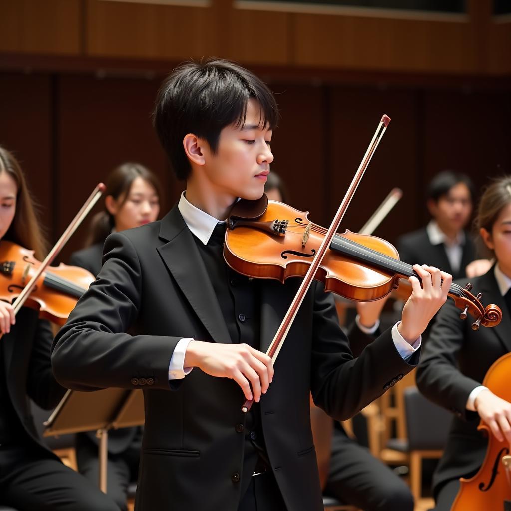 Shinichi đang chơi violin trong một buổi biểu diễn